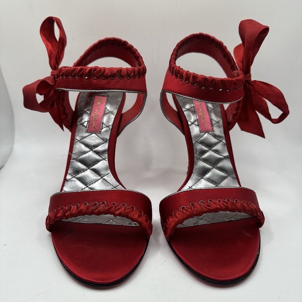Vtg Y2K Betsy Johnson Clarissa Red Satin Ribbon Stiletto Heels Ankle Bow Sz 6.5